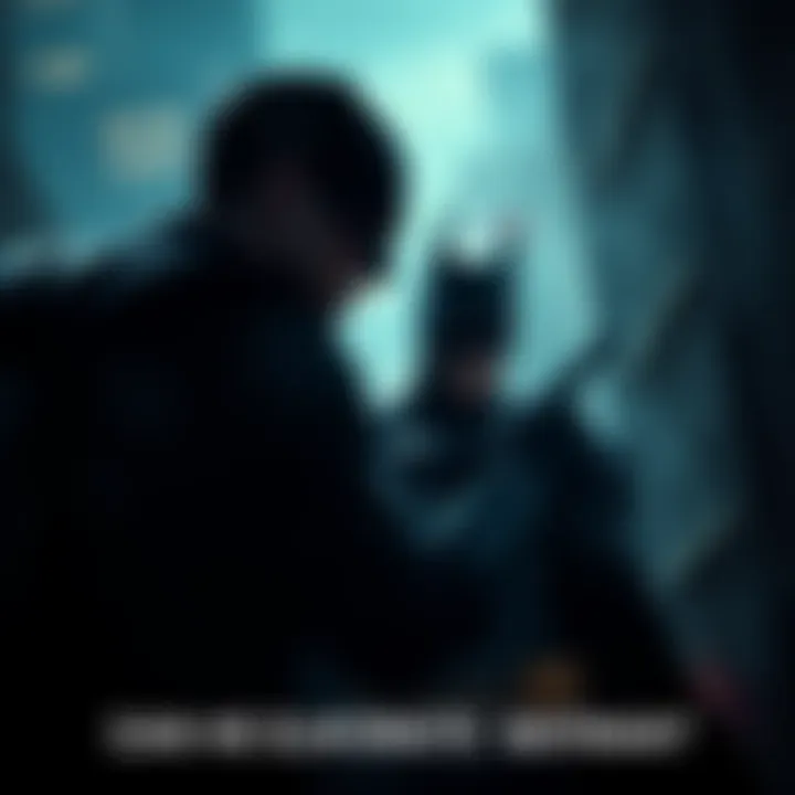 Agent 47 lurking in the shadows, observing Batman in a dark Gotham setting.