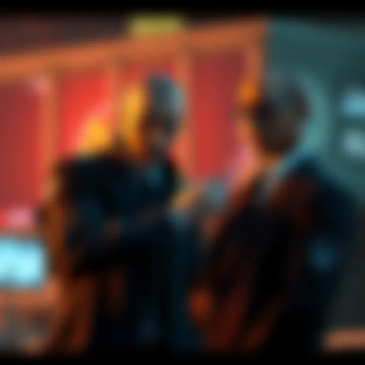 An NPC engages with Agent 47, pointing at his tattoo while he listens quietly.