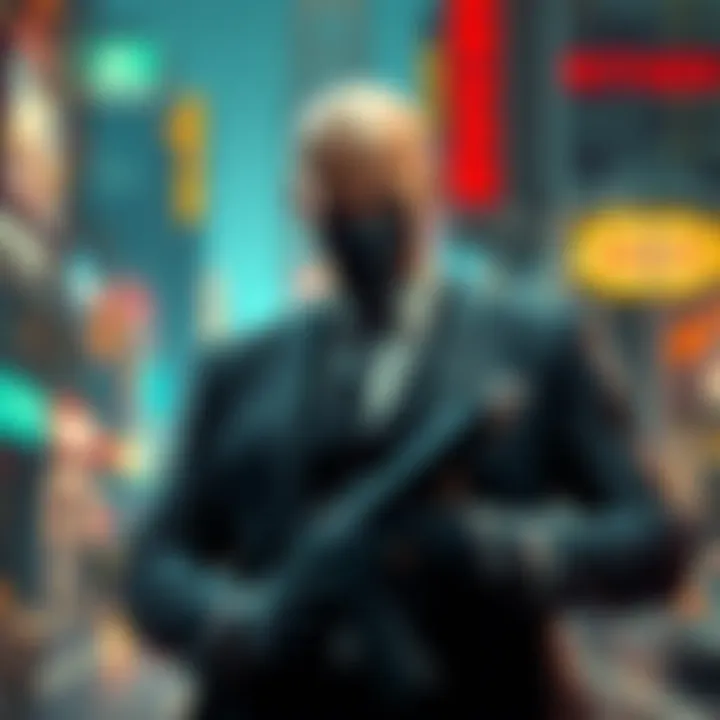 A skilled assassin in a sleek suit prepares for action in a thrilling urban setting, mirroring the excitement of a Mission: Impossible film.