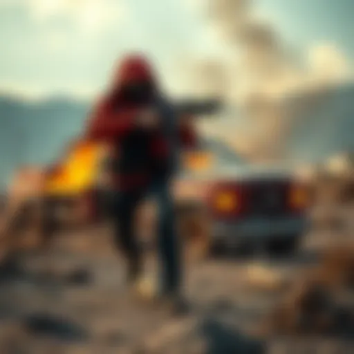 Christopher Red battling evil in a desolate area of Höllvania with a broken vehicle behind him