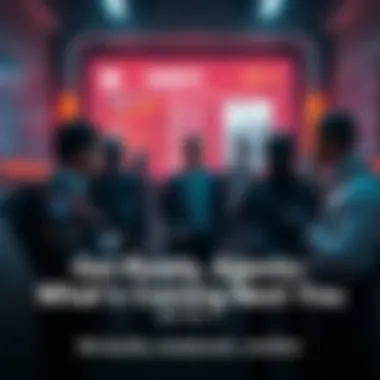 A group of agents discussing strategy and updates with a digital screen displaying new announcements in the background