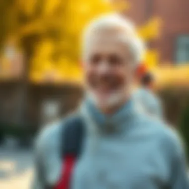 Aging Man Smiling A middle-aged man with a joyful expression, showing healthy skin and an active lifestyle. He stands outdoors against a bright background, symbolizing vitality and graceful aging.