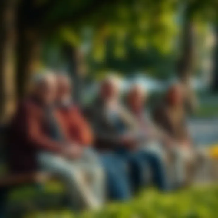 A group of older men sitting on a park bench, sharing stories and laughing together, showcasing their camaraderie and experiences over time.