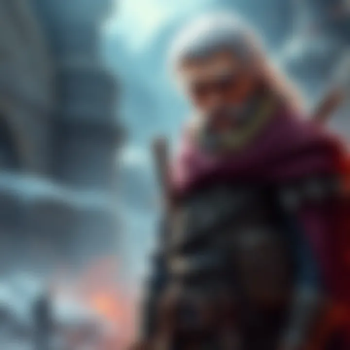 An older character standing in a fantasy setting with a sword, showcasing signs of age and experience