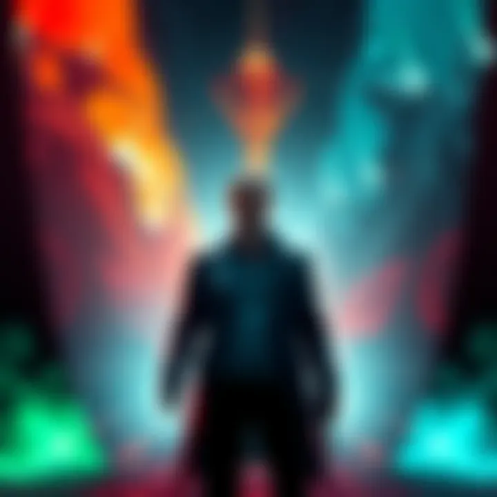 Ahti standing between two contrasting realities representing Control and Alan Wake, symbolizing his complex identity.