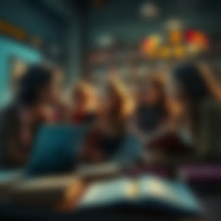 A group of fans discussing Ahti's character with some books and a laptop open showing AO3 site.