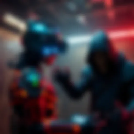 An AI character assisting a player in a dark, thrilling game environment with a creepy killer lurking nearby.