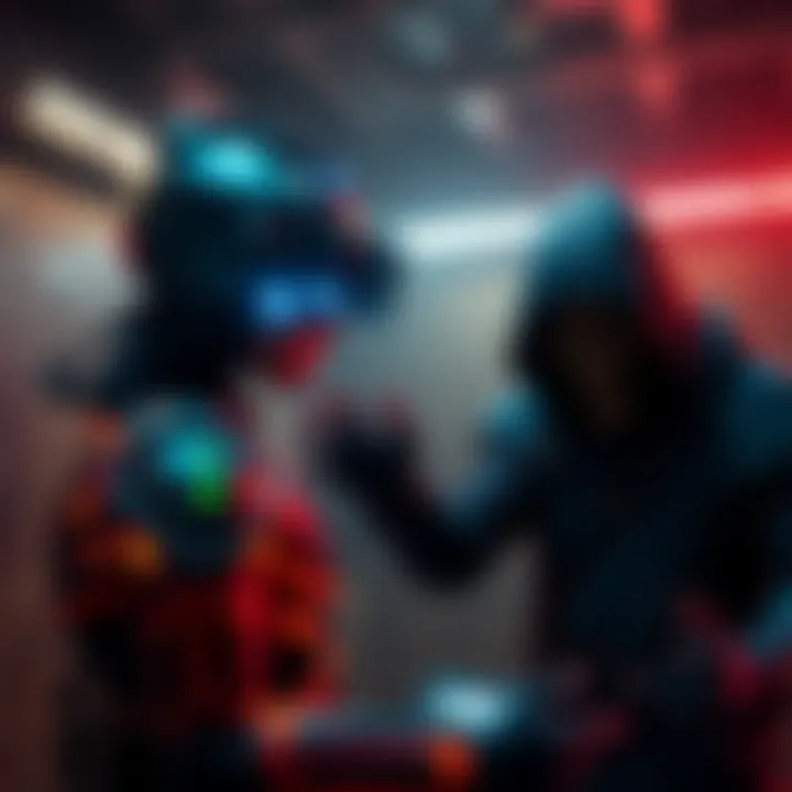 AI companion in gaming An AI character assisting a player in a dark, thrilling game environment with a creepy killer lurking nearby.
