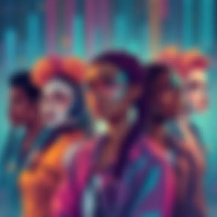 An illustration showing a diverse group of people expressing their identities influenced by AI technology, featuring modern fashion and digital elements.
