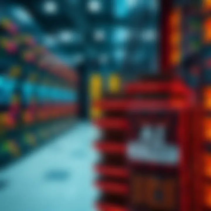 A close-up view of CPU chips stacked in a data center, with glowing server racks in the background.