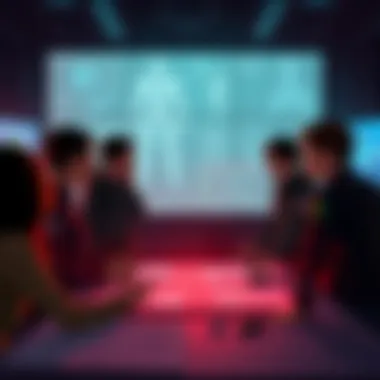 A team of game developers discussing AI technology for Tomb Raider, with sketches and digital screens in the background.