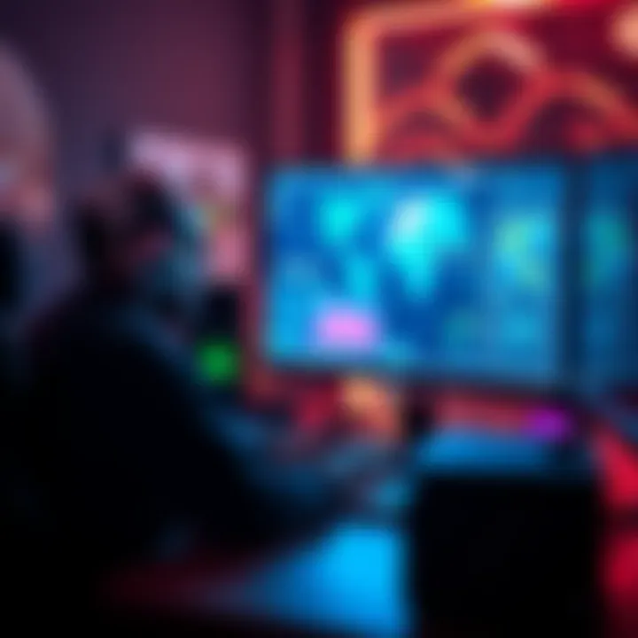 A game developer working on a computer with AI-generated graphics on the screen, showcasing the mix of technology and creativity in game design.