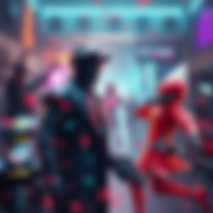 AI Holograms of Legendary Characters AI holograms display famous characters in a chaotic scene, revealing secrets amidst digital chaos.