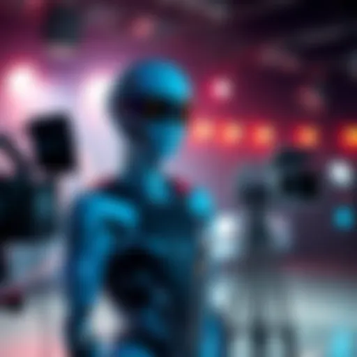 A digital representation of an AI character taking the place of a human actor on a movie set, showing a computer-generated image beside traditional filming equipment.