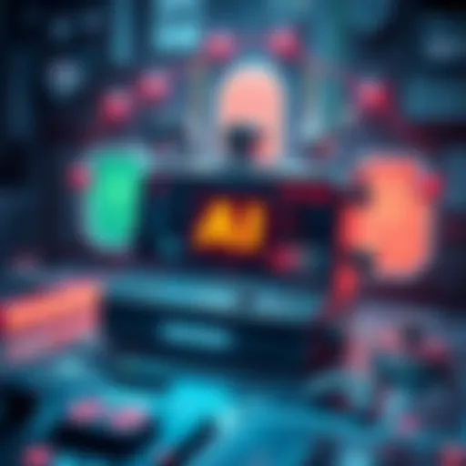 An illustration showing a futuristic gaming console surrounded by various AI elements, symbolizing the impact of AI on gaming development and market challenges.