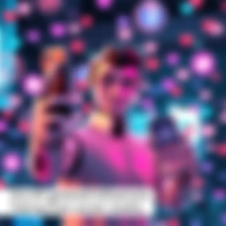A digital avatar representing an AI influencer posing for a selfie on a smartphone, surrounded by comments and likes, illustrating the rise of AI-generated content.
