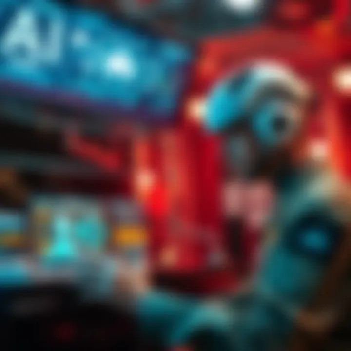 A military officer reviewing tactics with AI technology displayed on a screen, illustrating the interaction between human strategies and artificial intelligence.