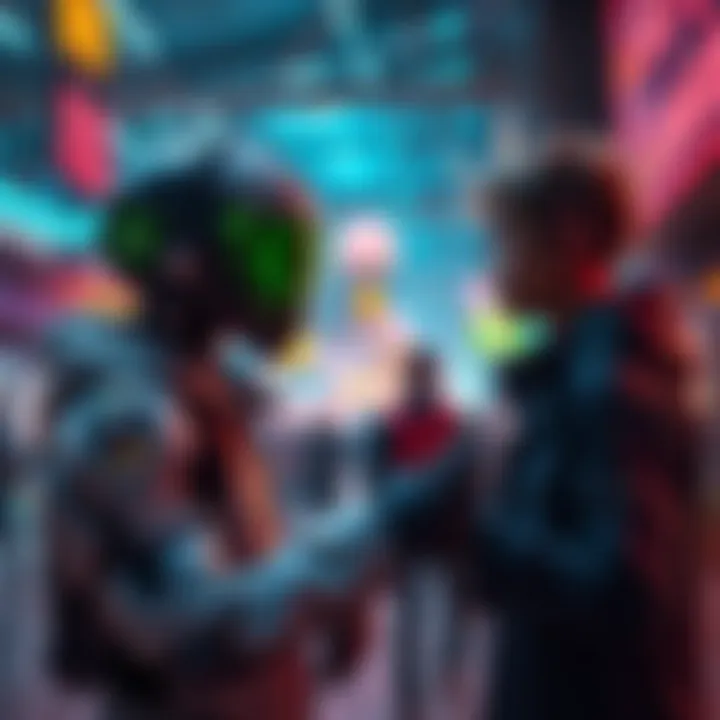 A realistic non-playable character interacting with a gamer in a vibrant game environment.