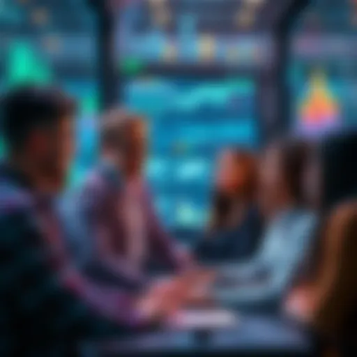 AI Technology Advancements A group of diverse professionals discussing artificial intelligence innovations with digital screens displaying data and graphs in the background.