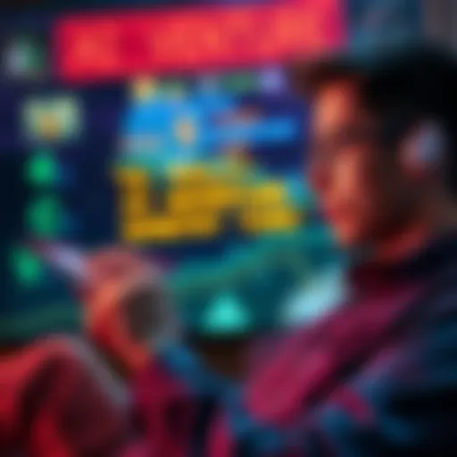 A person playing an AI text adventure game on a tablet, displaying vivid game text and illustrations, with a thoughtful expression