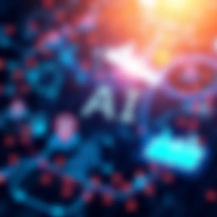 A visual representation of current artificial intelligence trends with symbols of technology and data analysis.