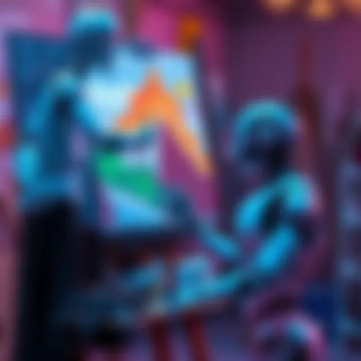 A human artist painting on a canvas, with a robot attempting to create art beside them, showcasing the difference in creativity