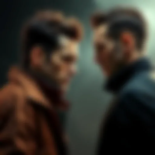Aiden, looking intense and determined, stands face to face with Waltz, showcasing their rivalry. A dark, moody backdrop emphasizes their tense relationship.