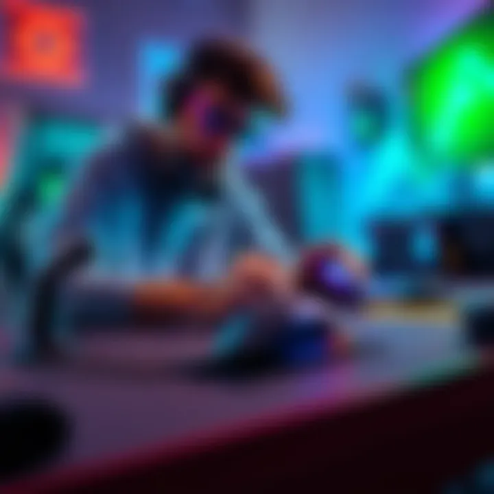 A gamer practices aim training using a lightweight mouse and a heavier mouse on a desk with a gaming setup