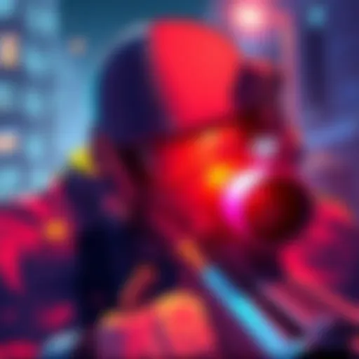 Illustration showing a character in a shooter game aiming down sights with a crosshair