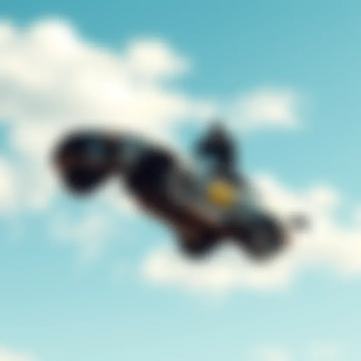 A person skillfully controlling a flying car mid-air with a clear sky in the background.