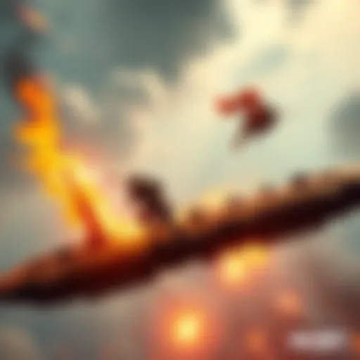 A player using a flamethrower from a floating platform in a battle scene.