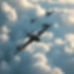 Aerial combat scene showing fighter jets maneuvering through thick clouds with strategic gameplay elements highlighted.