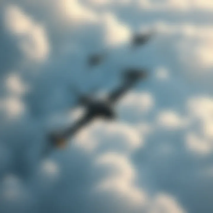 Aerial combat scene showing fighter jets maneuvering through thick clouds with strategic gameplay elements highlighted.