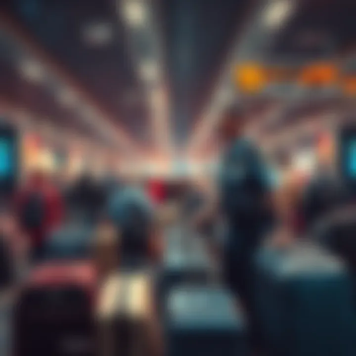 A busy airport checkpoint with a security officer inspecting bags and directing passengers in a chaotic environment