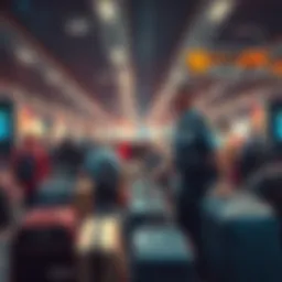 Airport security officer managing luggage A busy airport checkpoint with a security officer inspecting bags and directing passengers in a chaotic environment