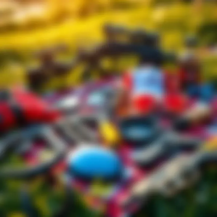 A summer kit featuring airsoft gear and cosplay items such as weapons, costumes, and accessories laid out on a picnic blanket outdoors.