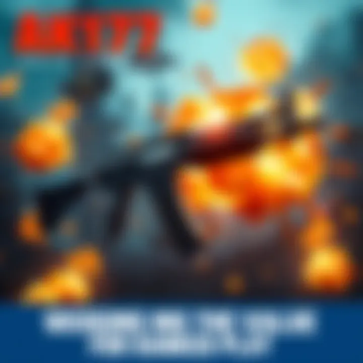 The AK117 Grim Ending displayed in a battle royale setting, highlighting its sleek design and features, surrounded by explosions and action.