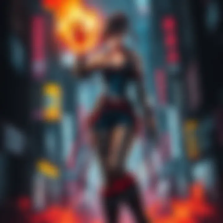 Akane stands confidently in a dark cyberpunk city, flames surrounding her, symbolizing her connection to a powerful overlord and her quest for revenge.