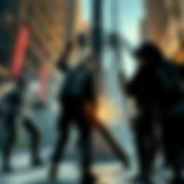 Members of the Akuran gang confront a conduit in a city setting, showcasing their aggressive stance and unique outfits.