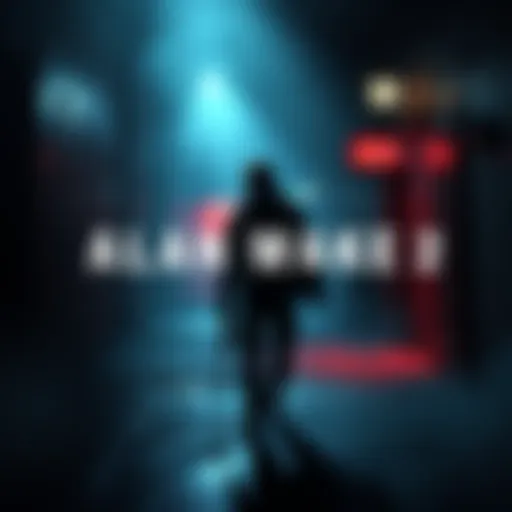 A dark and moody scene from Alan Wake 2, featuring the main character exploring a haunted environment with eerie lighting and mysterious shadows.