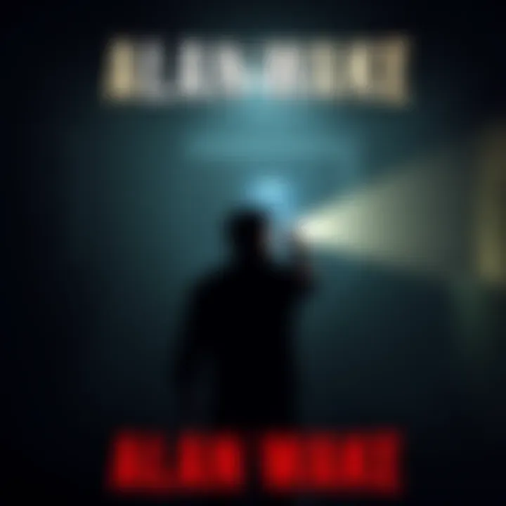 A scene from Alan Wake 2 showcasing a dark, moody environment with a character holding a flashlight and facing eerie shadows.