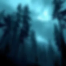 A scenic view from Alan Wake 2 showcasing a dark forest typical of the Pacific Northwest, complete with towering trees and misty ambiance.