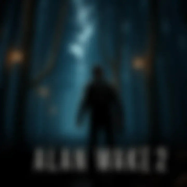 A screenshot from Alan Wake 2 showing the main character in a dark, eerie forest setting, with a focus on the atmosphere and tension of the game.
