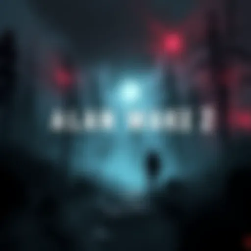 A dramatic scene from Alan Wake 2 showing dark, atmospheric settings with the main character exploring a misty landscape filled with shadows.