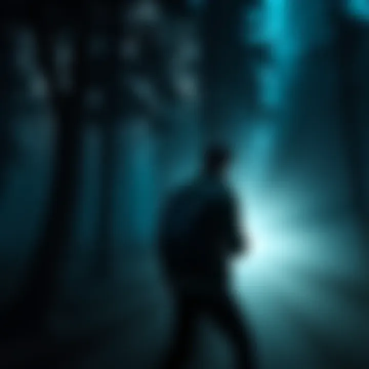 A scene from Alan Wake 2 showing the main character in a dark forest with a flashlight, facing eerie shadows.