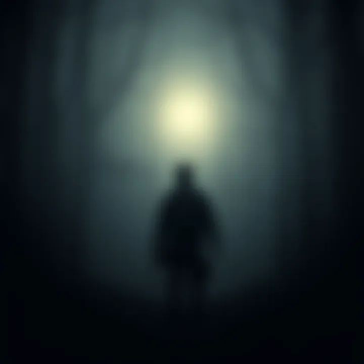 Alan Wake stands in a shadowy area, surrounded by dark trees and mist, with a faint light glowing in the background, evoking a sense of confusion and time distortion