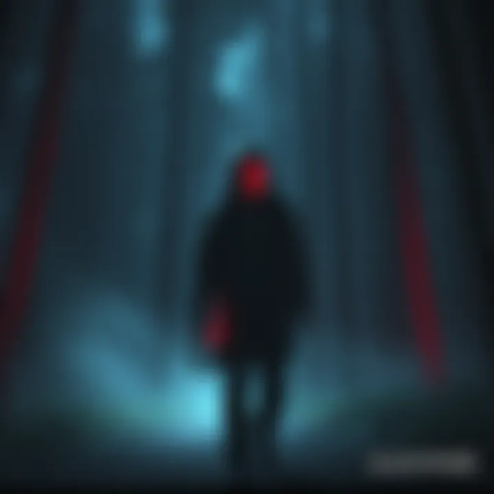 Alan Wake standing in a shadowy forest, surrounded by eerie lights and fog, conveying a sense of horror and suspense.