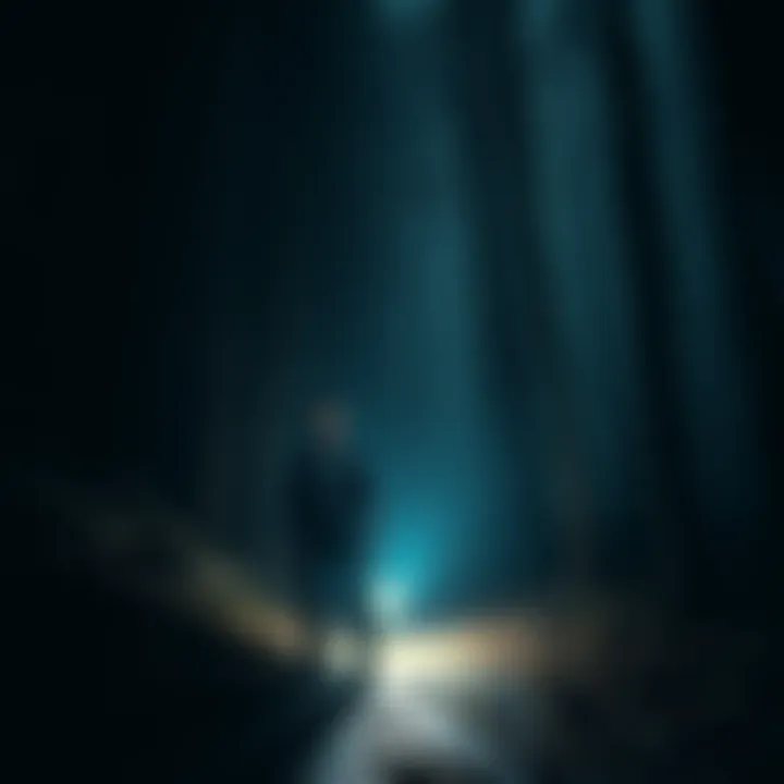 A scene featuring Alan Wake standing in the dark forest of Bright Falls, with a flashlight illuminating the surroundings, depicting tension and intrigue.