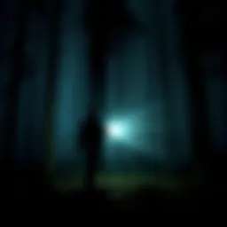 Alan Wake stands in a shadowy forest, holding a flashlight that casts a beam of light through the darkness, revealing hints of a hidden story.
