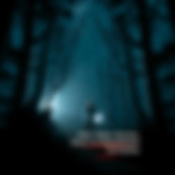 A dark forest setting from Alan Wake showing the main character holding a flashlight while facing shadowy figures. The atmosphere is tense and highlighted by eerie lighting.